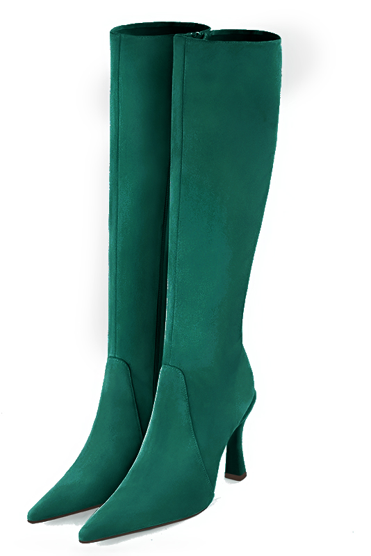 Emerald green women's feminine knee-high boots. Pointed toe. Very high spool heels. Made to measure - Florence KOOIJMAN